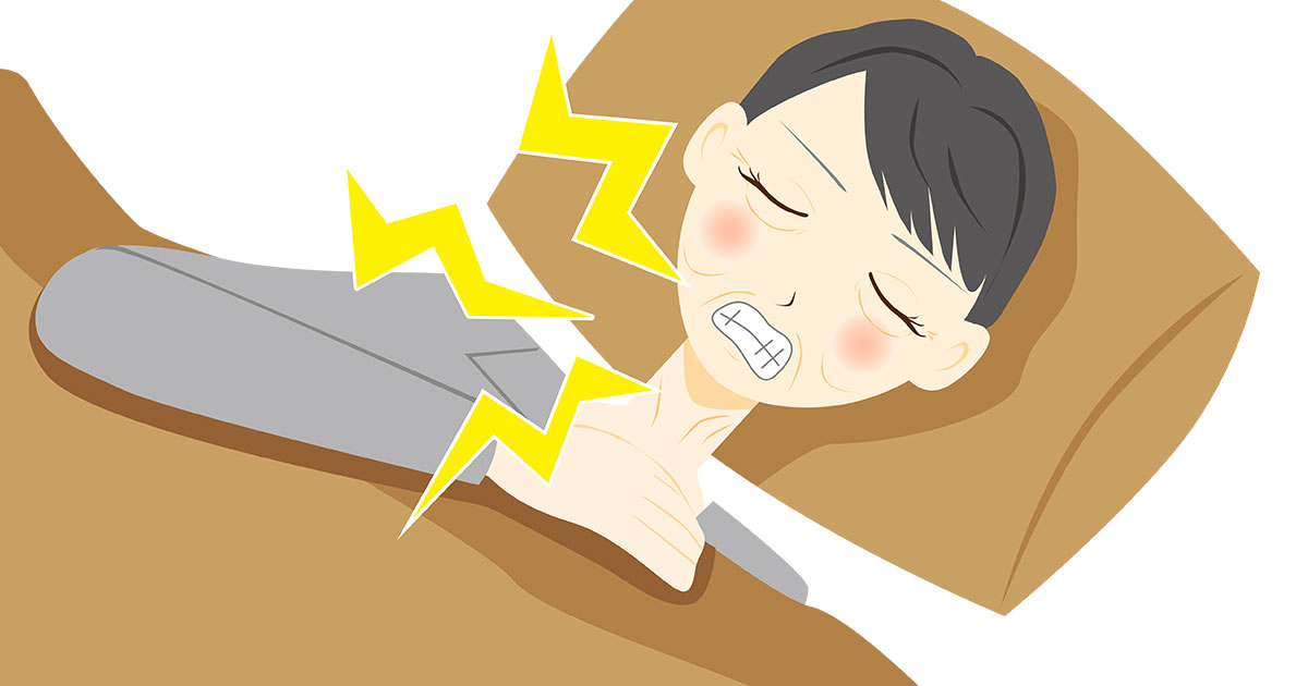 Illustrated picture of a woman sleeping in her bed and grinding her teeth.